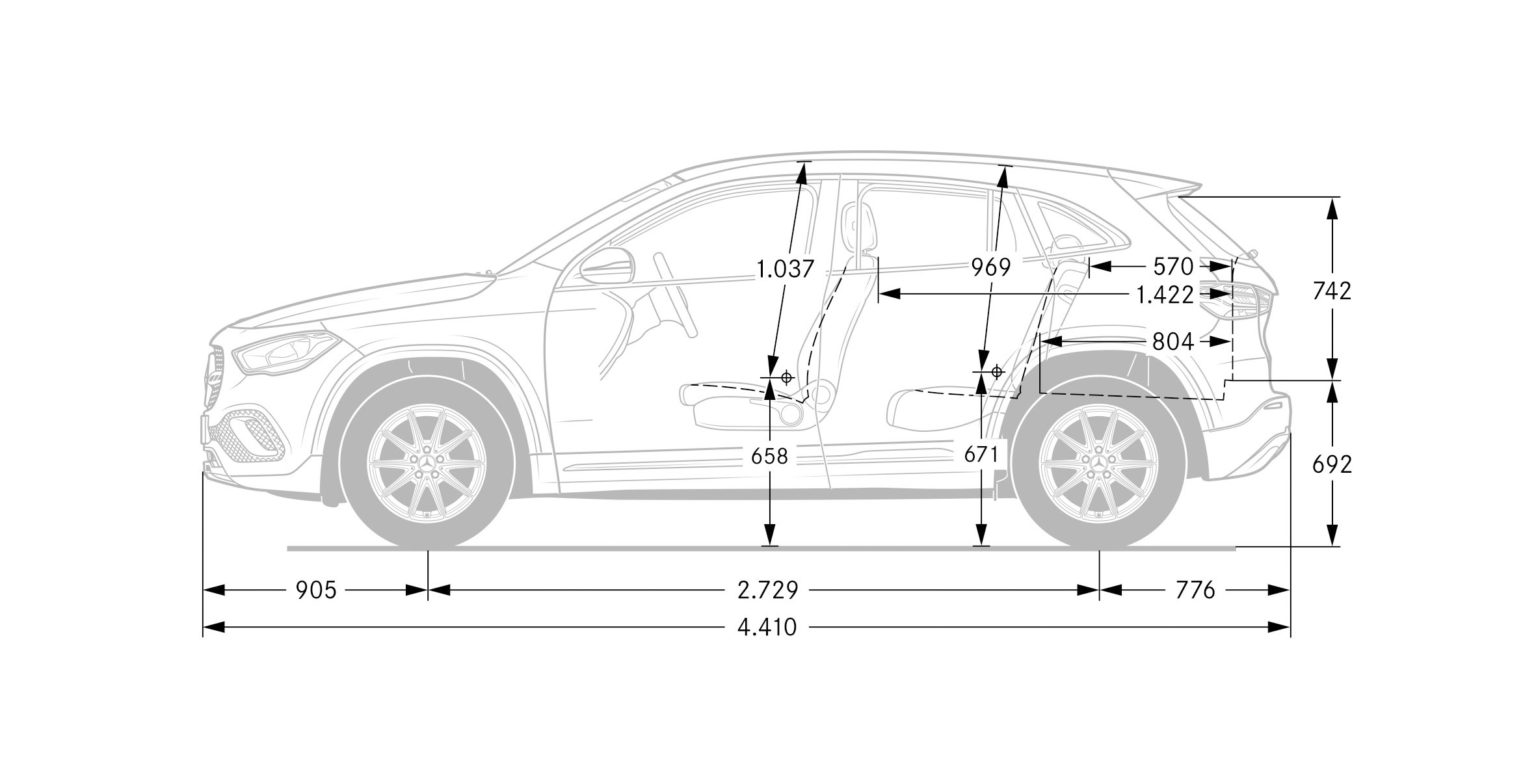 Le dimensioni della Mercedes GLA, completo di disegni Gnius Motori