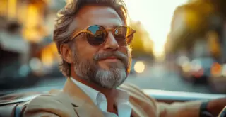 Uomo che guida auto presa con noleggio auto a lungo termine